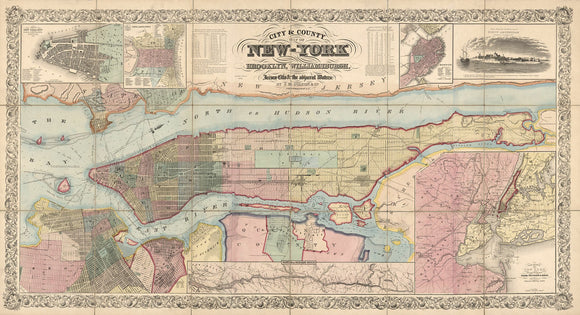 Vintage Map of City & County map of New-York : Brooklyn, Williamsburgh, Jersey City & the adjacent waters, 1857