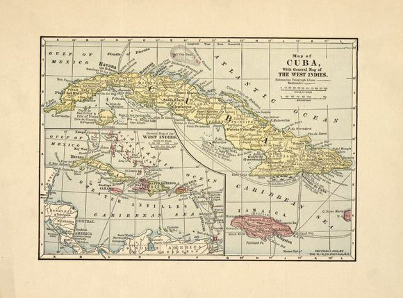 Vintage Map of Cuba with general map of the West Indies, 1899