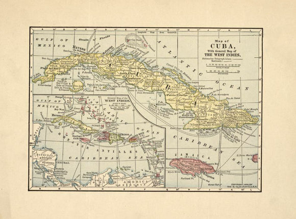 Vintage Map of Cuba with general map of the West Indies, 1899