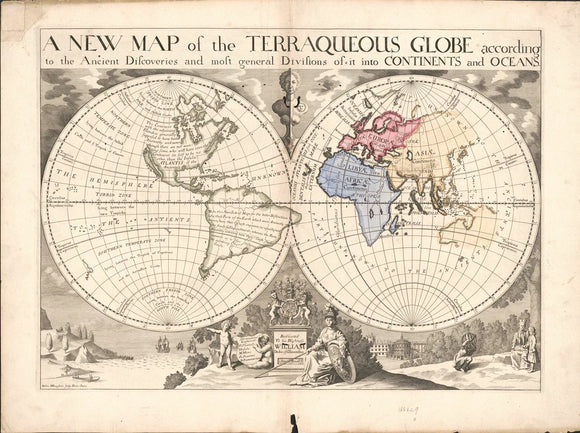 Vintage Map of the World, terraqueous globe according to the ancient discoveries and most general divisions of it into continents and oceans, 1700