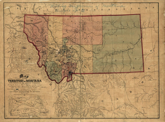 Vintage Map of the territory of Montana with portions of the adjoining territories : showing the gulch or placer diggings actually worked and districts where quartz (gold & silver) lodes have been discovered to January 1st 1865, 1865
