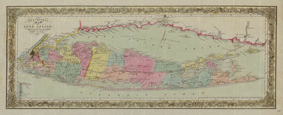 Vintage Travellers Map of Long Island, 1857
