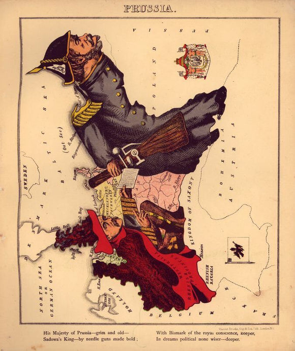 Vintage Map of Prussia - Geographical fun : being humourous outlines of various countries, with an introduction and descriptive lines, 1868
