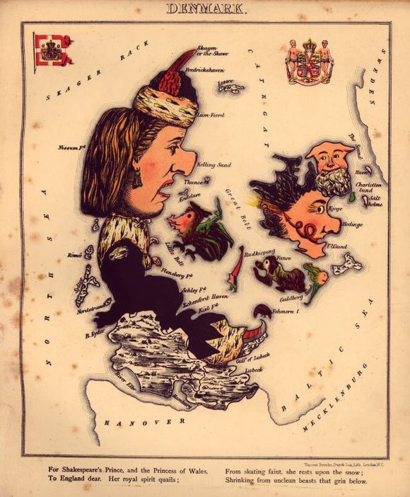 Vintage Map of Denmark - Geographical fun : being humourous outlines of various countries, with an introduction and descriptive lines, 1868