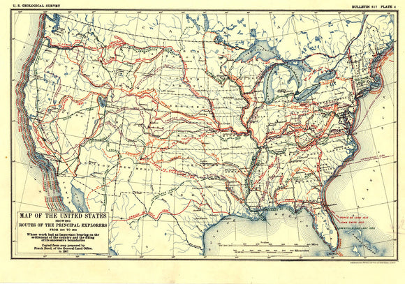 Map of the United States, Showing Routes of Principal Explorers, from 1501 to 1844, Prepared in 1907