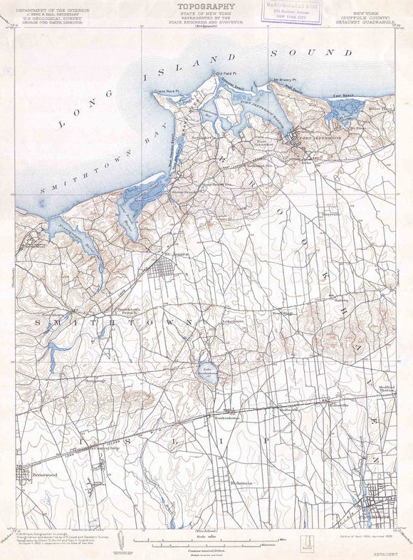 U.S.G.S. Map of Long Island New York Islip, Brookhaven, Smithtown, 1904