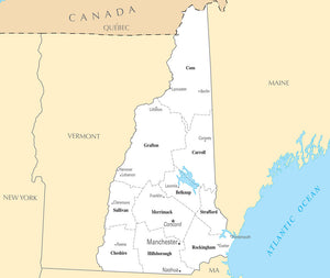 Map of New Hampshire NH - County Map with selected Cities and Towns