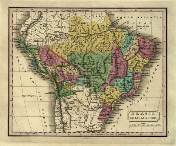 Vintage Map of Brazil, Bolivia & Peru., 1829