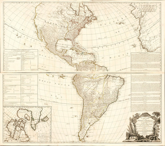 Vintage Map of the whole continent of America : divided into north and south and West Indies with a descriptive account of the European possessions, as settled by the definitive treaty of peace, concluded at Paris Feby. 10th. 1763, 1777