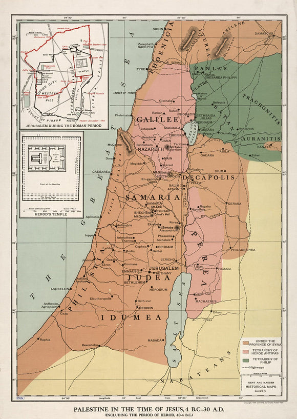 Vintage Map of Palestine in the Time of Jesus, 4 B.C. - 30 A.D. : (including the period of Herod, 40 - 4 B.C.), 1912 Framed Push Pin Map