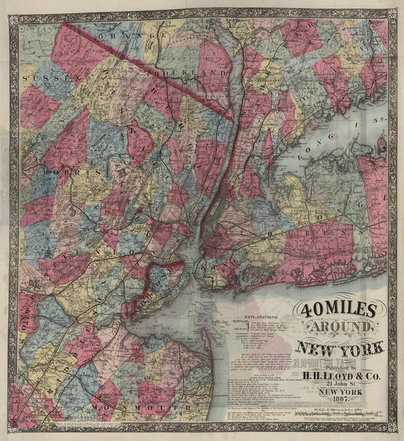 Vintage Map of 40 Miles Around New York, 1867