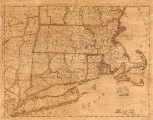 Vintage Map of Massachusetts, Connecticut, and Rhode Island, 1843