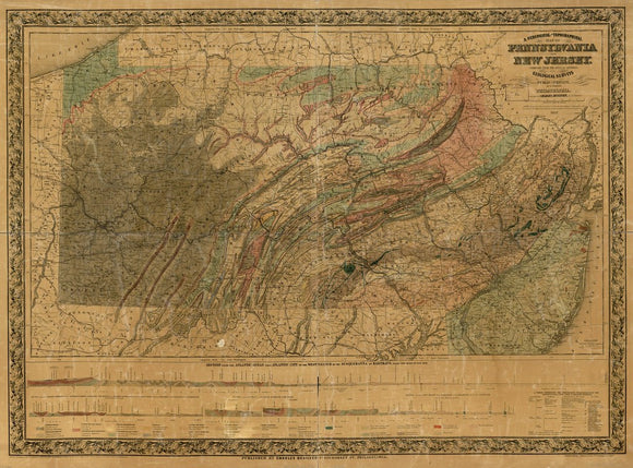 Vintage geological and topographical map of Pennsylvania and New Jersey : compiled from the official reports of the geological surveys and from various other sources public and private, 1857
