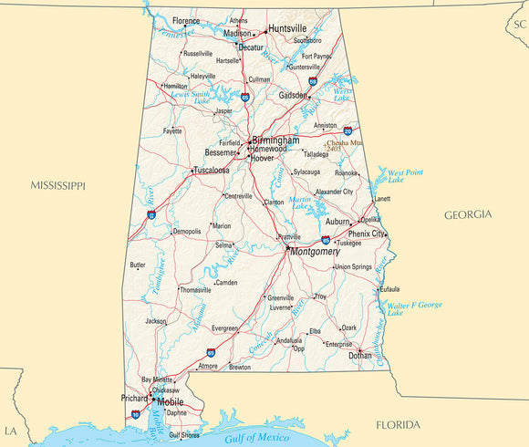 Map of Alabama AL - Reference Map Framed Push Pin Map
