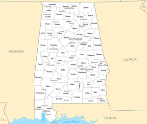 Map of Alabama AL - County Map with selected Cities and Towns Framed Dry Erase Map