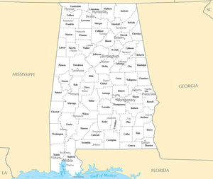 Map of Alabama AL - County Map with selected Cities and Towns Framed Push Pin Map