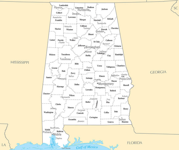Map of Alabama AL - County Map with selected Cities and Towns