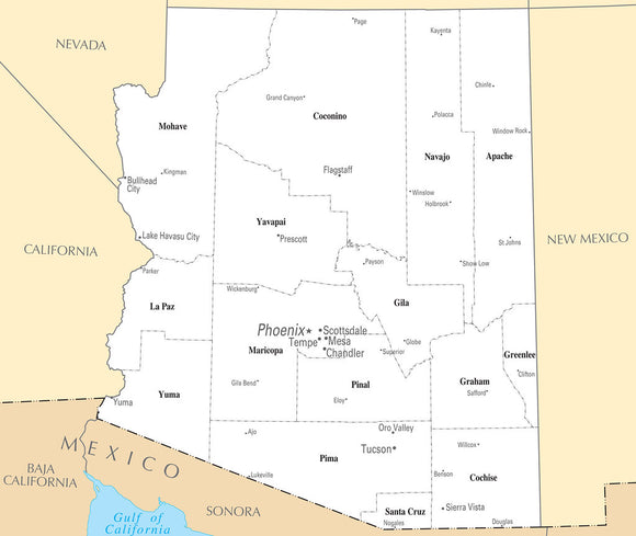 Map of Arizona AZ - County Map with selected Cities and Towns