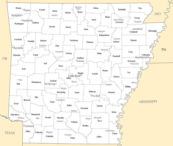 Framed Map of Arkansas AR - County Map with selected Cities and Towns ...