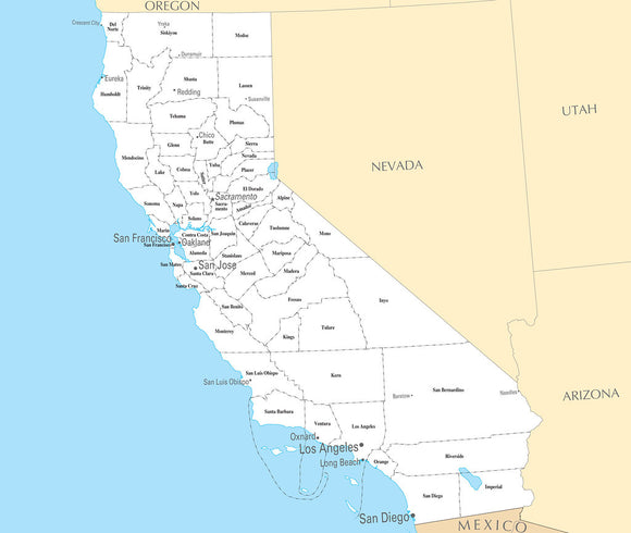 Map of California CA - County Map with selected Cities and Towns