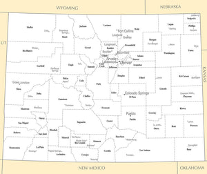 Map of Colorado CO - County Map with selected Cities and Towns