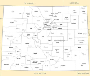 Map of Colorado CO - County Map with selected Cities and Towns Framed Dry Erase Map