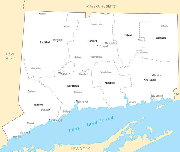 Map of Connecticut CT - County Map with selected Cities and Towns
