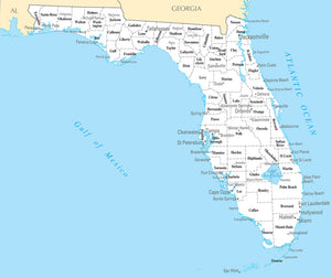 Map of Florida FL - County Map with selected Cities and Towns Framed Dry Erase Map