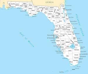 Map of Florida FL - County Map with selected Cities and Towns Framed Push Pin Map