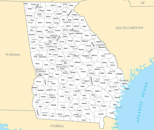Map of Georgia GA - County Map with selected Cities and Towns