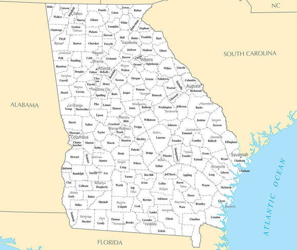 Map of Georgia GA - County Map with selected Cities and Towns