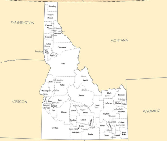 Map of Idaho ID - County Map with selected Cities and Towns