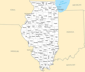 Map of Illinois IL - County Map with selected Cities and Towns