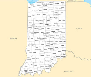Map of Indiana IN - County Map with selected Cities and Towns