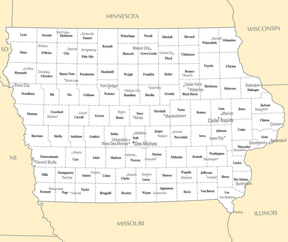 Map of Iowa IA - County Map with selected Cities and Towns