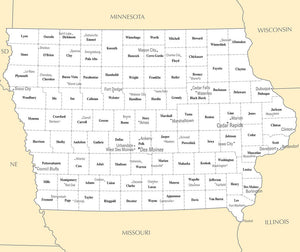 Map of Iowa IA - County Map with selected Cities and Towns