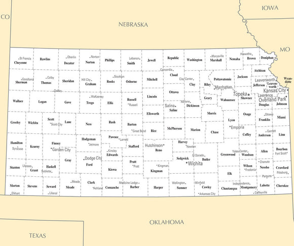 Map of Kansas KS - County Map with selected Cities and Towns
