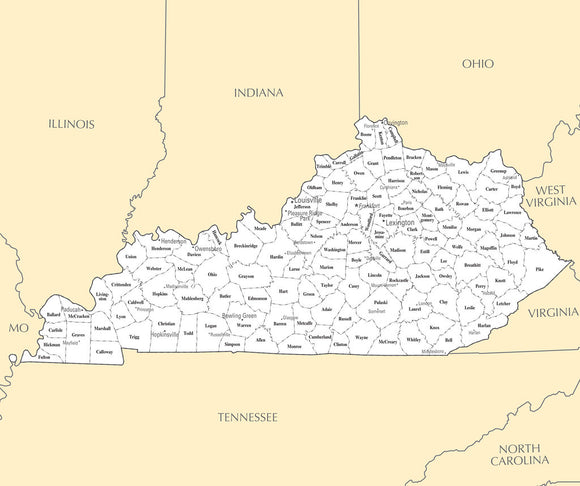 Framed Map of Kentucky KY - County Map with selected Cities and Towns ...