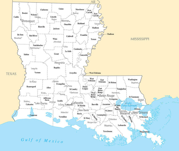 Map of Louisiana LA - County Map with selected Cities and Towns