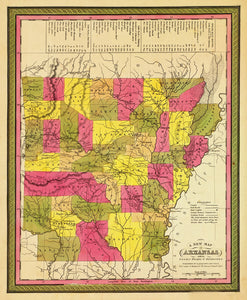 Vintage Map of Arkansas with its canals, roads & distances, 1847