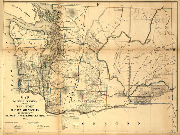 Vintage Map of public surveys in the territory of Washington., 1865