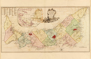Vintage Map of the Island of St. John with the divisions of the counties, parishes, & the lots as granted by government, likewise the soundings round the coast and harbours, 1755