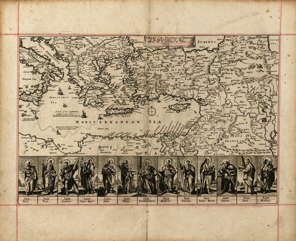 Vintage Map of the travels and voyages of the apostles in their mission and in partiular of Saint Paul., 1680