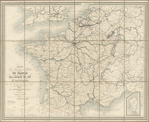 Vintage Map of France, Carte des travaux publics en France comprenant le réseau complet des chemins de fer en l'ensemble des voies navigables, 1856