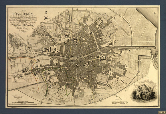 Vintage Map of a Plan of the City of Dublin : as surveyed for the use of the divisional justices to which have been added plans of the canal harbour and its junction with the Grand Canal, the Royal Canal, 1797