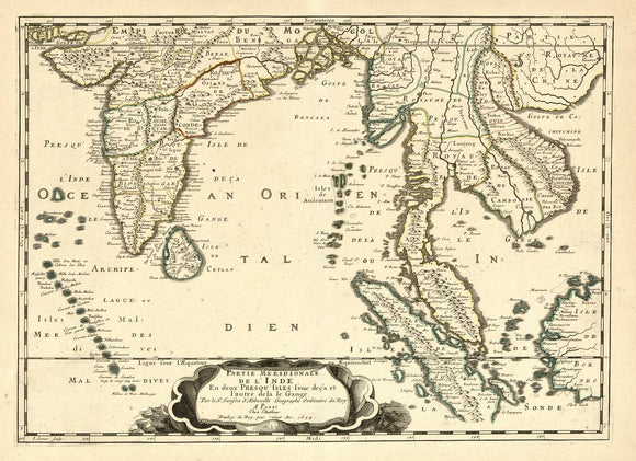 Vintage Map of India and Southeast Asia - Partie meridionale de l'Inde en deux presqu'isles l'une de ç?à et l'autre de là le Gange, 1654