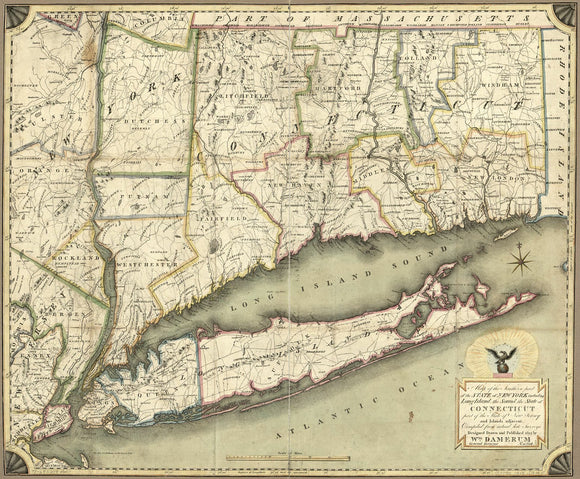 Vintage Map of the southern part of the state of New York including Long Island, the Sound, the state of Connecticut, part of the state of New Jersey, and islands adjacent : compiled from actual late surveys, 1815