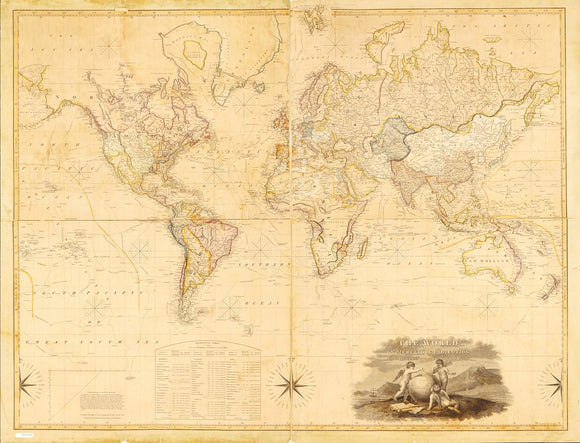 Vintage Map of the world on Mercator's Projection,, 1818