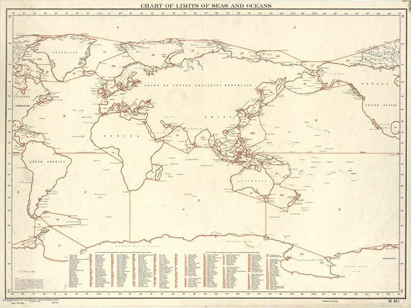 Vintage chart of limits of seas and oceans, 1953