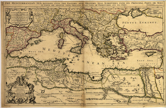 Vintage Map of Mediterranean Sea Divided into its Principal Parts or Seas, 1680